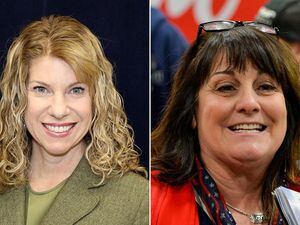 Utah State Board of Education member Cindy Davis, left, and candidate Kim DelGrosso, right.