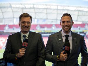 (Real Salt Lake) Brian Dunseth, right, and David James pose for a photo at Rio Tinto Stadium. The futures of the RSL broadcasters is in question after Major League Soccer and Apple formed a partnership that will do away with local television broadcasts of MLS games.