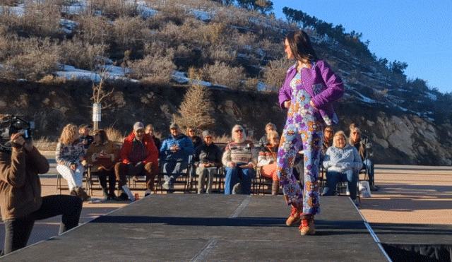 (Julie Jag | The Salt Lake Tribune) A model shows off vintage ski wear at a fashion show kicking off Ski History Week held at the Alf Engen Ski Museum in Park City on Wednesday, March 20, 2024.