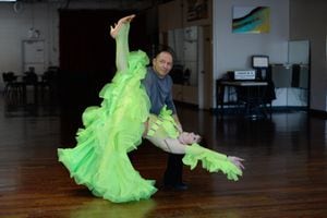 (Francisco Kjolseth  |  The Salt Lake Tribune)  Jean Woodruff, a 92-year-old who loves ballroom dancing and loves competitions, prepares for an upcoming competition with Martin Skupinski, founder of Ballroom Utah Dance Studio. Jean danced for years with her husband, and the couple taught lessons in a dance studio in their Holladay home. She stopped dancing after he had a stroke, and then died. Several years ago, she started dancing again, and now competes regularly.