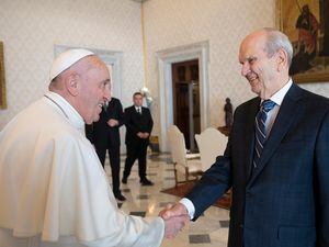 (Photo courtesy of the Vatican) Pope Francis welcomes President Russell M. Nelson of The Church of Jesus Christ of Latter-day Saints to the Vatican on Saturday, March 9, 2019.
