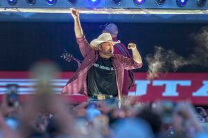 (Leah Hogsten | The Salt Lake Tribune) Country star Garth Brooks performs with his band during his Stadium Tour, Friday, June 17, 2022 at Rice-Eccles Stadium in Salt Lake City. Brooks is scheduled to perform a second show on Saturday, June 18, 2022.