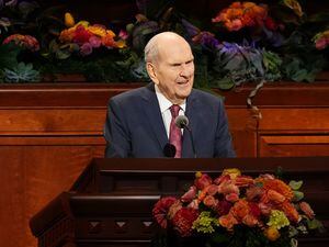 (The Church of Jesus Christ of Latter-day Saints)
A seated President Russell M. Nelson delivers a major address at General Conference on Sunday, Oct. 2, 2022.
