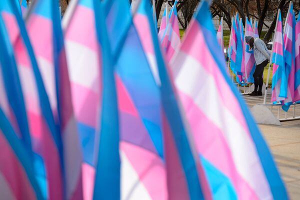 (Trent Nelson  |  The Salt Lake Tribune) Flags at City Hall in Salt Lake City on Nov. 17, 2020, mark Transgender Awareness Week.
