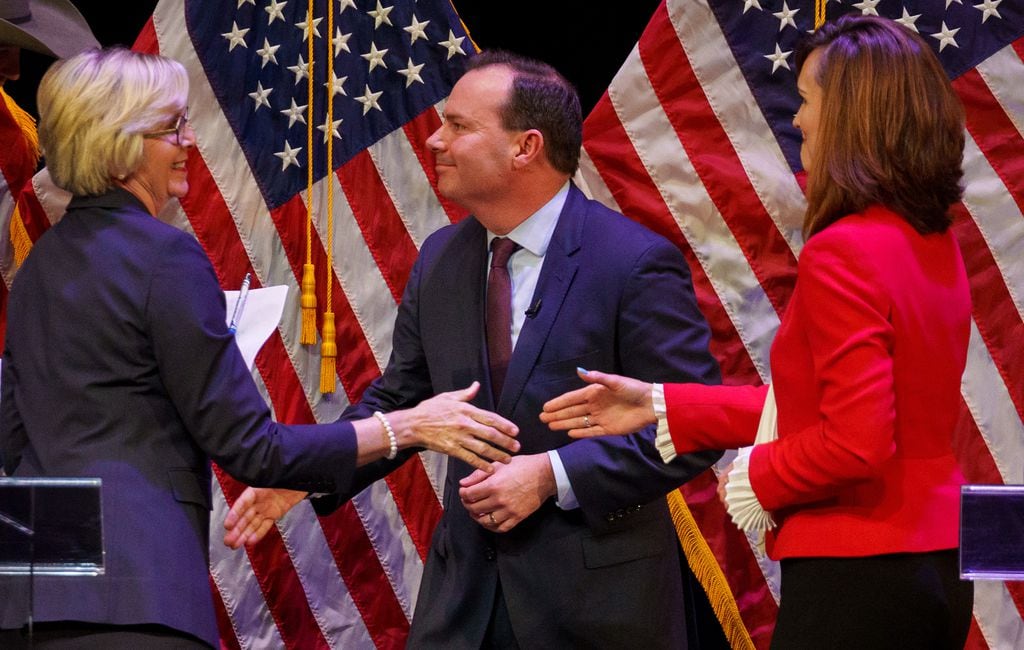 Sen. Mike Lee meets Becky Edwards and Ally Isom at Republican primary debate