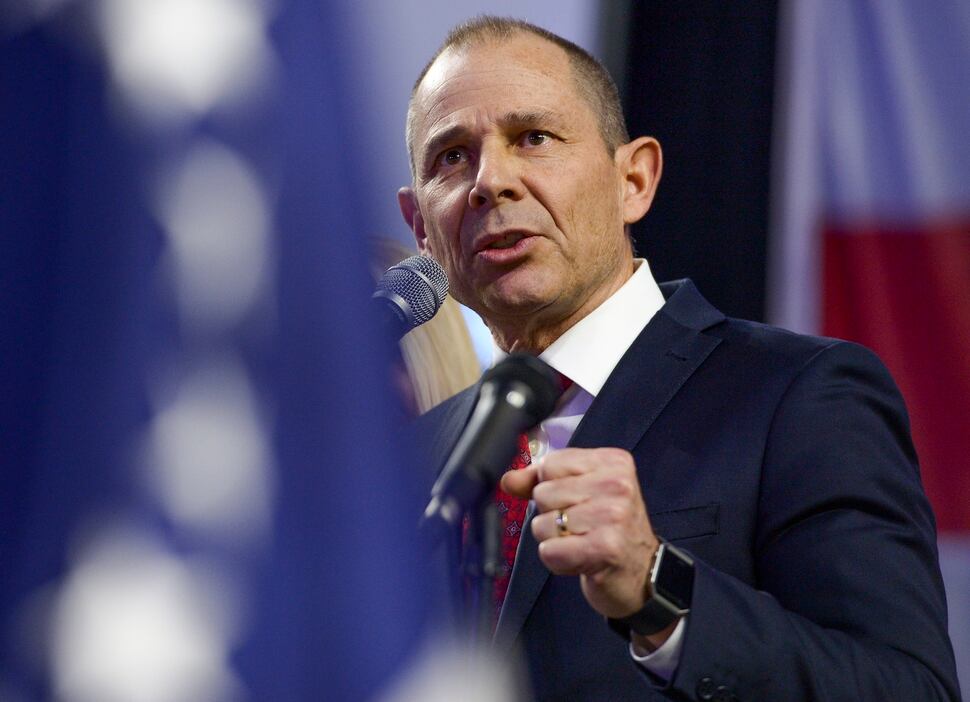 (Leah Hogsten | The Salt Lake Tribune) Incumbent John Curtis, of Utah's 3rd Congressional District, delivers his speech at the Utah Republican Nominating Convention Saturday, April 21, 2018. Curtis and candidate Chris Herrod will face off in the primary. 