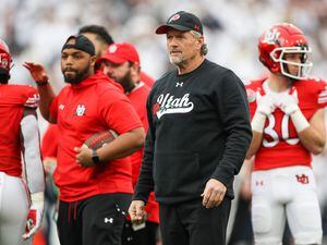 (Meg Oliphant | Special to The Tribune) Utah head coach Kyle Whittingham looks on during warmups ahead of the game against the Penn State Nittany Lions at Rose Bowl Stadium on Jan. 2, 2023 in Pasadena, Calif.