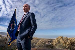(Leah Hogsten | The Salt Lake Tribune) Gov. Spencer J. Cox and Lt. Gov. Deidre Henderson unveiled their budget recommendations and priorities for 2023 at the Antelope Island Visitor Center, Dec 7, 2021.   