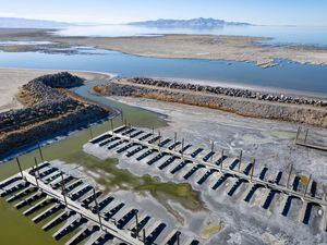 (Francisco Kjolseth | The Salt Lake Tribune) The Great Salt Lake Marina near Saltair is rendered inoperable for all boats as ongoing drought conditions continue to drop lake levels on Tuesday, Oct. 18, 2022.