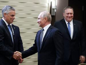 (Pavel Golovkin  |  AP Photo) Russian President Vladimir Putin shakes hands with U.S. Ambassador to Russia Jon Huntsman, left, as U.S. Secretary of State Mike Pompeo, stands behind prior to their talks in the Black Sea resort city of Sochi, southern Russia, Tuesday, May 14, 2019. Huntsman was one of 500 Americans banned from traveling to Russia on May 19, 2023.