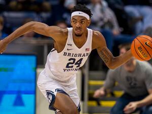 Rick Egan | The Salt Lake Tribune)  Brigham Young forward Seneca Knight (24), leads a fast break for the Cougars, in WCC basketball action between the Brigham Young Cougars and the San Diego Toreros, at the Marriott Center, on Thursday, January 20, 2022.