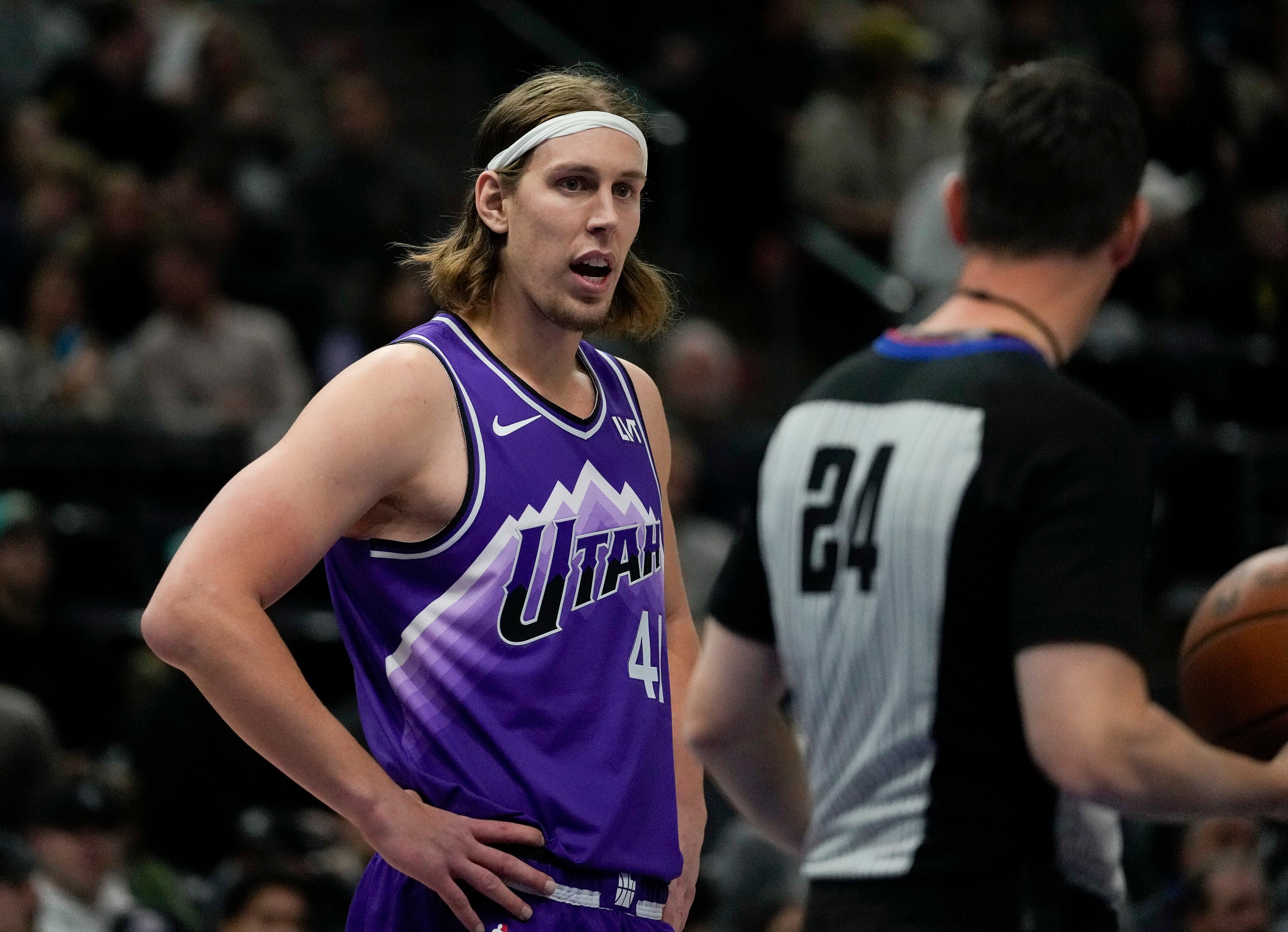 (Bethany Baker | The Salt Lake Tribune) Utah Jazz forward Kelly Olynyk (41) speaks with a referree during the game against the LA Clippers at the Delta Center in Salt Lake City on Friday, Dec. 8, 2023.