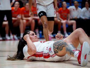 (Trent Nelson  |  The Salt Lake Tribune) Utah Utes forward Alissa Pili (35) pumps her fist after making an improbable diving shot while being fouled as Utah hosts Princeton, NCAA basketball in Salt Lake City on Sunday, March 19, 2023.