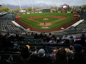 (Rick Egan | The Salt Lake Tribune)  The Salt Lake Bees face the Reno Aces at Smith's Ballpark on Tuesday, April 18, 2023.