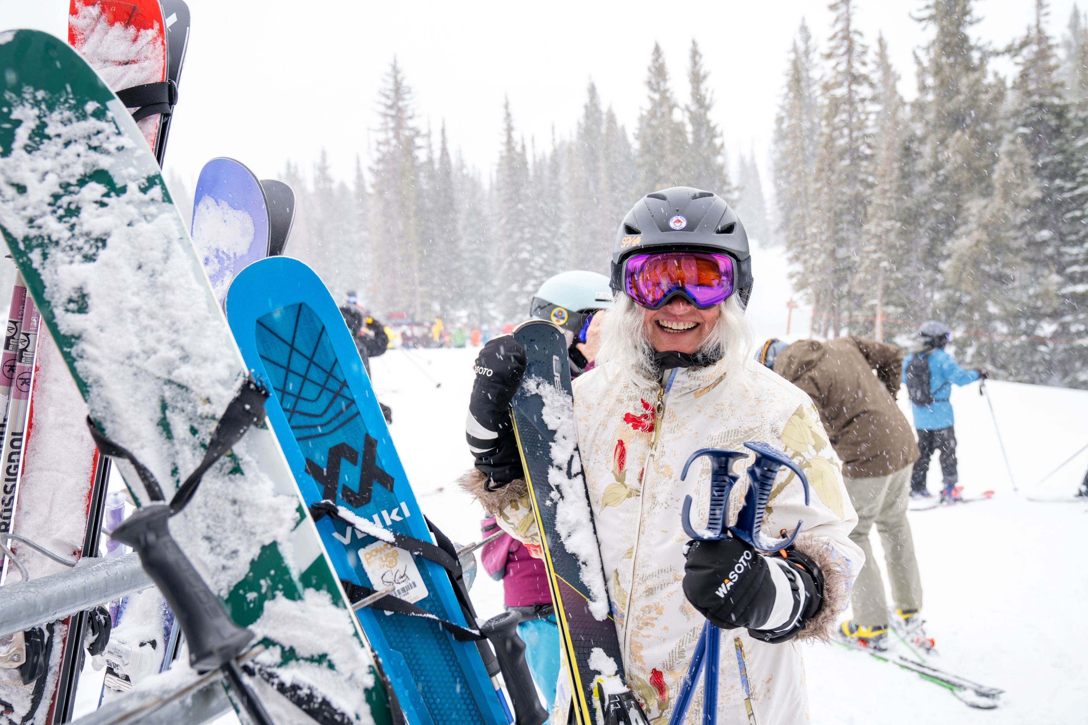 Wild old Bunch member Becky Hammond, 61, the wife of 82-year-old member Matt Kindred, at the Alta Ski Area, in Alta, Utah, March 13, 2024. The Wild old Bunch (who meaningfully chose to lowercase “old” in the club’s name), which started in 1973 and boasts around 115 members, has 80- and 90-year-olds that still ski. (Kate Russell/The New York Times)