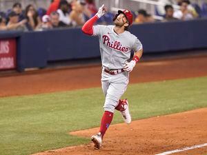 (Lynne Sladky | AP) Philadelphia Phillies' Bryce Harper rounds the bases after hitting a solo home run during the fifth inning of a baseball game against the Miami Marlins, Friday, Oct. 1, 2021, in Miami. Harper won the 2021 National League MVP award.