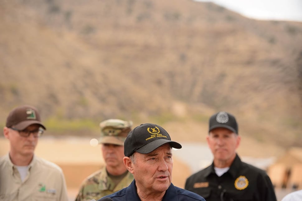 (Trent Nelson | The Salt Lake Tribune) Utah Governor Gary Herbert gives an update on the Dollar Ridge Fire from the incident base in Duchesne, Tuesday July 3, 2018.