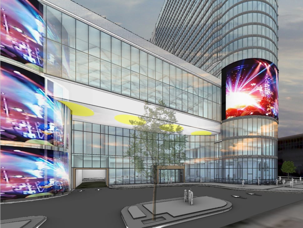 (Photo courtesy of John Portman & Associates, via Salt Lake City) An initial rendition released in 2019 of the street view of the new Hyatt Regency Salt Lake City convention center hotel, to be built at the northwest corner of 200 South and West Temple, adjacent to the Salt Palace Convention Center. In this rendering, the hotel features two digital screen arrays projecting images toward 200 South that are not part of subsequent drawings of the hotel.