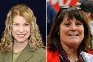 Utah State Board of Education member Cindy Davis, left, and candidate Kim DelGrosso, right.