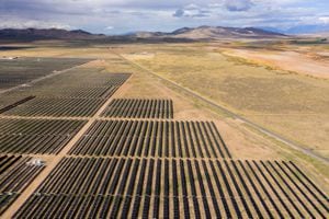 (Trent Nelson  |  The Salt Lake Tribune) Clover Creek Solar northwest of Mona on Wednesday, Oct. 6, 2021. This 80-megawatt array covers 560 acres of private land in Juan County. The BLM has announced a deal this week to lease 4,836 acres in Beaver County for a 600-megawatt array.