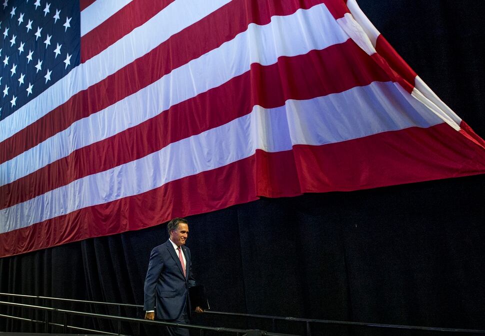 (Leah Hogsten | The Salt Lake Tribune) U. S. Senate candidate Mitt Romney delivers his speech to the delegates at the Utah Republican Nominating Convention Saturday, April 21, 2018 at the Maverik Center. 