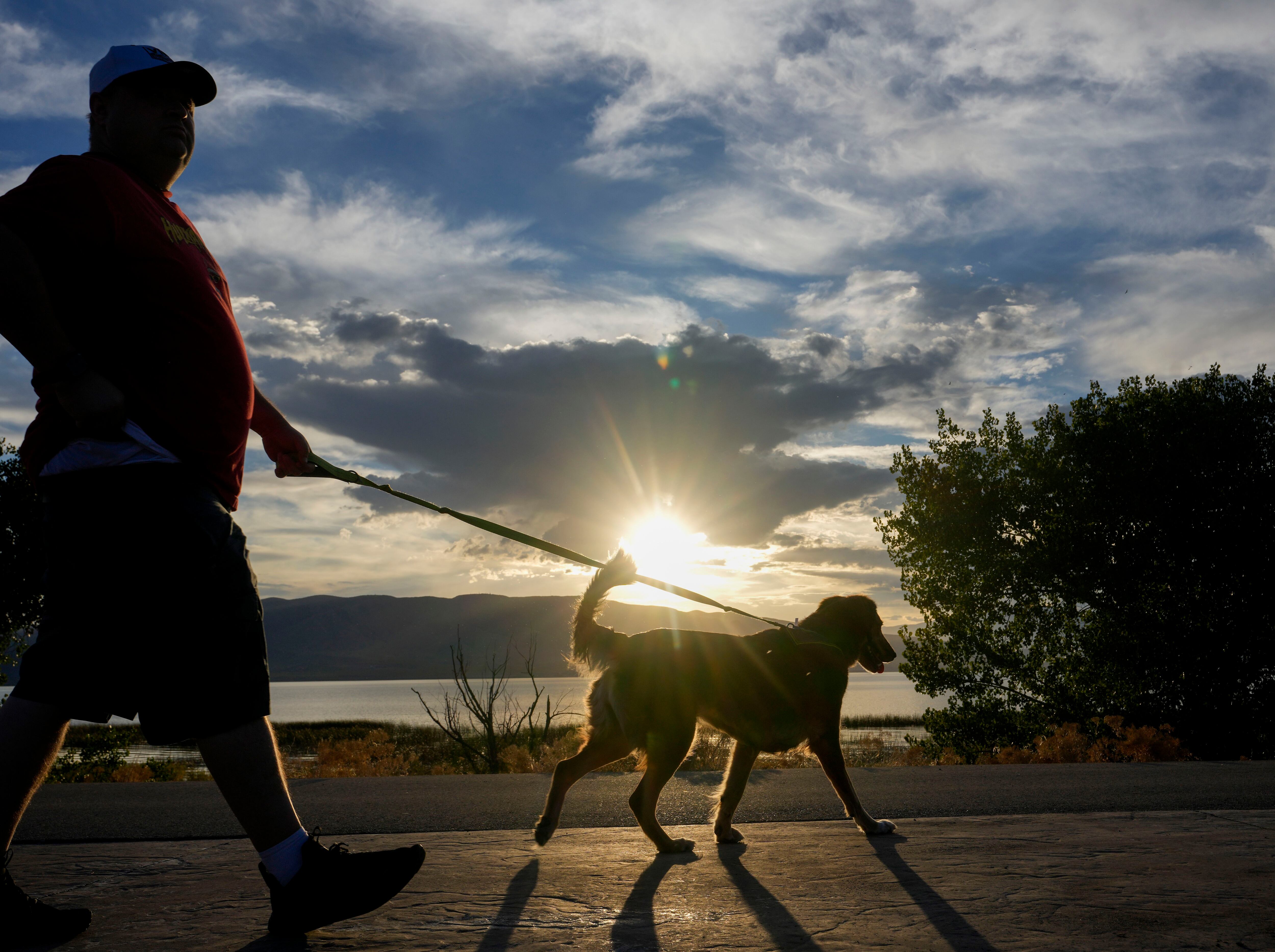 (Bethany Baker | Salt Lake Tribune) Wayne Senn walks his dog Trixie along part of the Utah Lake Shore Trail in Vineyard on Monday, Sept. 18, 2023.