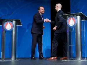 (Leah Hogsten | The Salt Lake Tribune) From left, Sen. Mike Lee and independent challenger Evan McMullin participate in a debate ahead of the election for U.S. Senate at Utah Valley University, Wednesday, Oct. 17, 2022.
