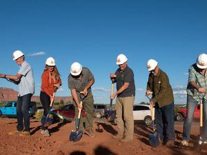 (Courtesy ofBest Friends Animal Society) Best Friends CEO Julie Castle, second from left, Jacob Cluff of H&C Development, and Best Friends colleagues break ground on new employee housing in Kanab on Sept. 22, 2022.