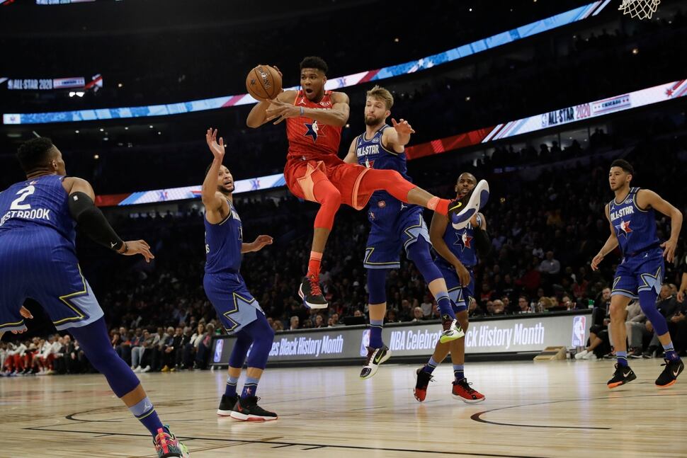 Giannis Antetokounmpo of the Milwaukee Bucks looks to pass during the second half of the NBA All-Star basketball game Sunday, Feb. 16, 2020, in Chicago. (AP Photo/Nam Huh)