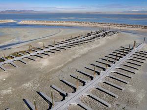 (Francisco Kjolseth | The Salt Lake Tribune) The boat marina on Antelope Island is rendered inoperable as The Great Salt Lake continues to shrink as seen on Tuesday, March 15, 2022. The U.S. Senate passed a bill on Thursday, July 28, 2022 that would fund research to help save the Great Salt Lake.