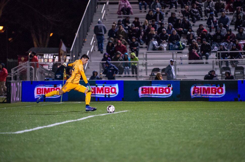 (Photo courtesy of Real Monarchs SLC) David Ochoa of the Real Monarchs distributes a goal kick. He is under contract with Real Salt Lake and on loan with the Monarchs, where he has two shutouts in three games.