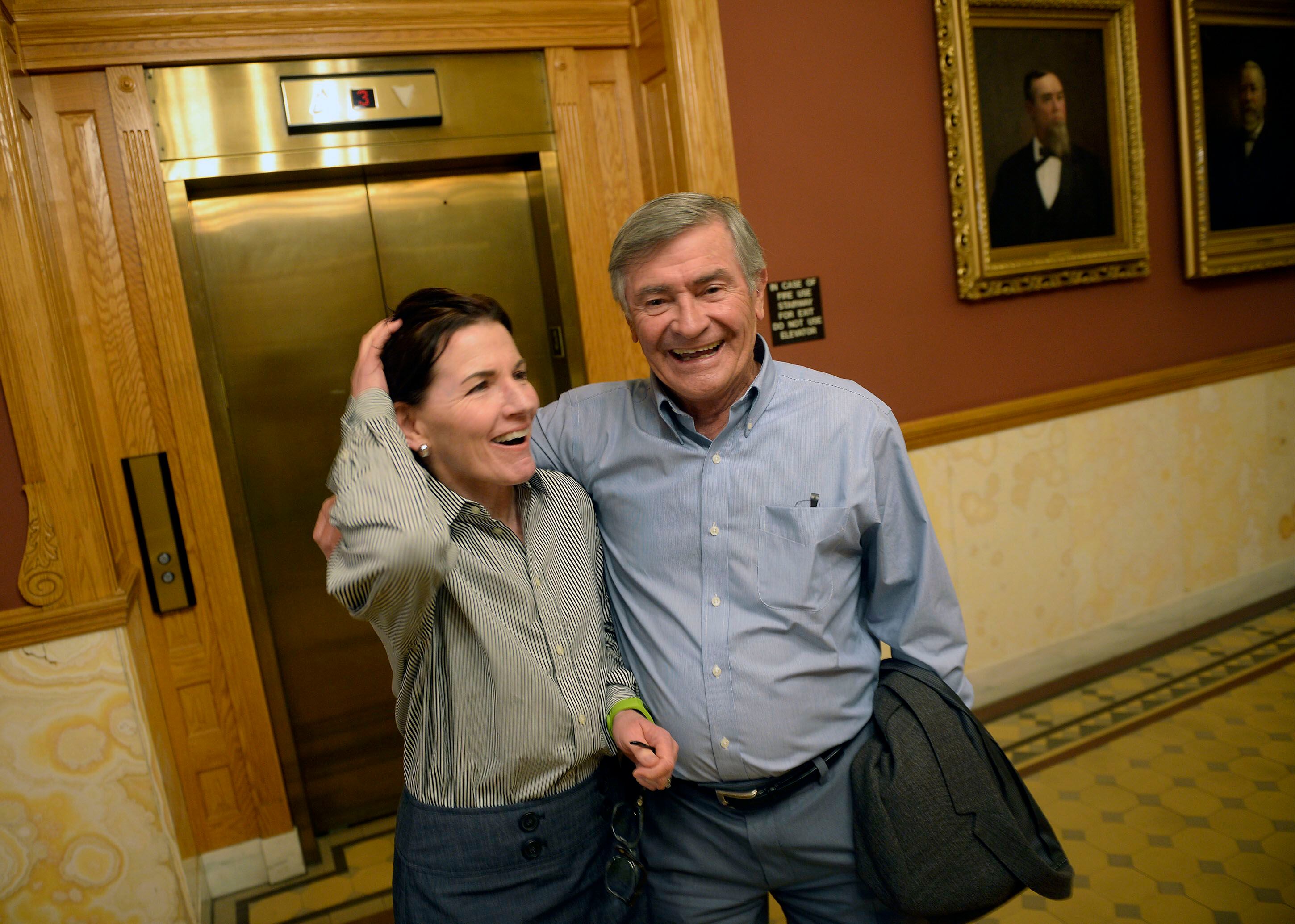 Al Hartmann  |  The Salt Lake Tribune
Former Salt Lake City Mayor Ted Wilson, seen here in a 2007 photo, with his wife Holly Mullen at the City-County building, which he helped preserve during his tenure as mayor. Wilson died Thursday at age 84.