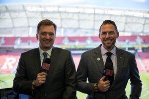 (Real Salt Lake) Brian Dunseth, right, and David James pose for a photo at Rio Tinto Stadium. The futures of the RSL broadcasters is in question after Major League Soccer and Apple formed a partnership that will do away with local television broadcasts of MLS games.