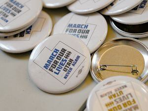 (Francisco Kjolseth  |  The Salt Lake Tribune) March for Our Live Utah pins at a rally at the Utah Capitol on Feb. 15, 2020. The rally took place the day after the anniversary of the shooting at Stoneman Douglas high school in Parkland, FL.