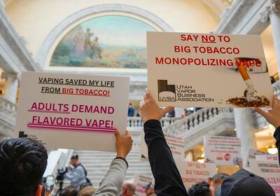 (Chris Samuels | The Salt Lake Tribune) A group protests S.B. 61, a proposed bill that would ban the use of flavored vape products, outside the House of Representatives at the Capitol in Salt Lake City, Tuesday, Feb. 20, 2024.