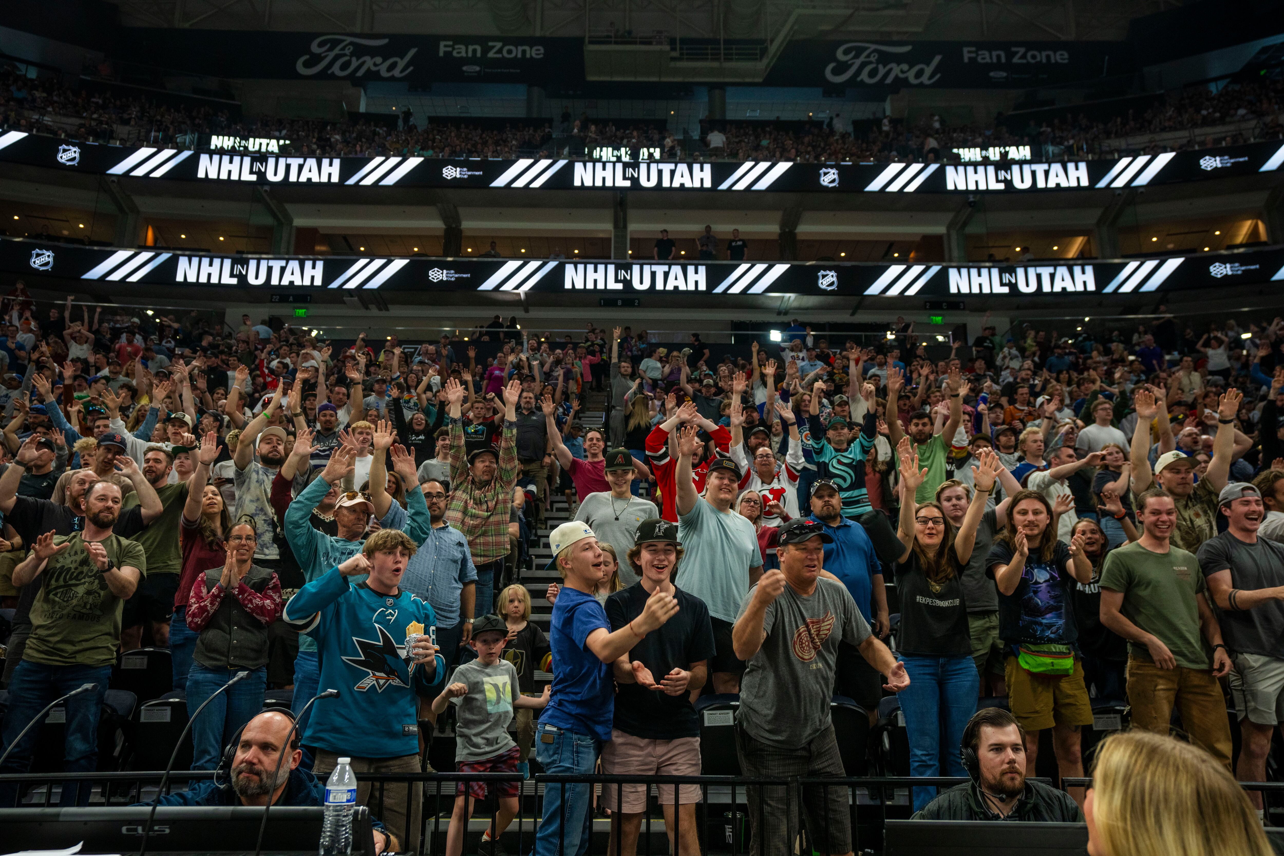 (Rick Egan | The Salt Lake Tribune) Fans attend an introduction event for the Utah NHL team at the Delta Center, on Wednesday, April 24, 2024.