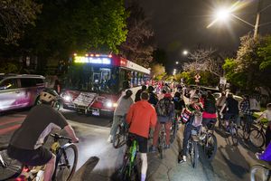 (Leah Hogsten | The Salt Lake Tribune)  Cyclists start their ride at 9th and 9th to tour the streets of Salt Lake City during the weekly 999 social ride, Thursday, May 5, 2022.