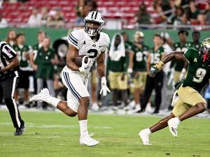 (Jason Behnken | AP) BYU running back Christopher Brooks (2) during an NCAA college football game against South Florida Saturday, Sept. 3, 2022, in Tampa, Fla.