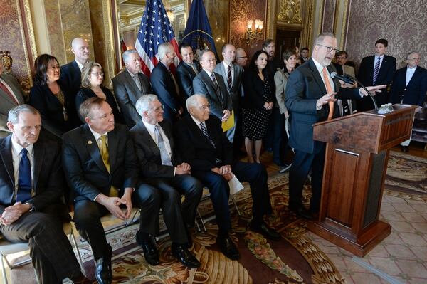 Francisco Kjolseth | The Salt Lake Tribune Senator Stephen Urquhart, R-St. George, is joined by senators, representatives, LDS leaders, and members of the LGBT community as he discusses the fine points of the nondiscrimination bill SB256, during a press announcement at the Utah Captiol. 