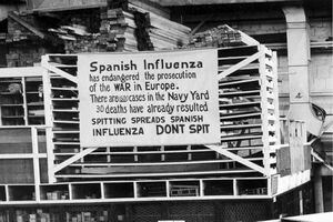 (U.S. Naval History and Heritage Command via AP)

In this Oct. 19, 1918, photo provided by the U.S. Naval History and Heritage Command a sign is posted at the Naval Aircraft Factory in Philadelphia that indicates the Spanish Influenza was then extremely active.