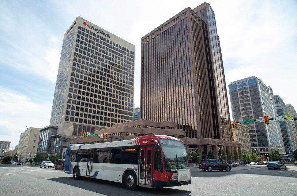(Rick Egan | Tribune file photo) A UTA bus in downtown Salt Lake City on Aug. 6, 2019. 