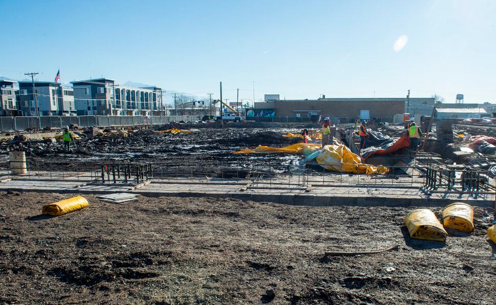 (Rick Egan | The Salt Lake Tribune) Construction for the new South City project, which will include a six-story office tower, 10-story apartment building, an assortment of new shops and an 800-stall parking garage, located on the historic Granite Mill near 2200 South and Main Street. Tuesday, Dec. 17, 2019. 