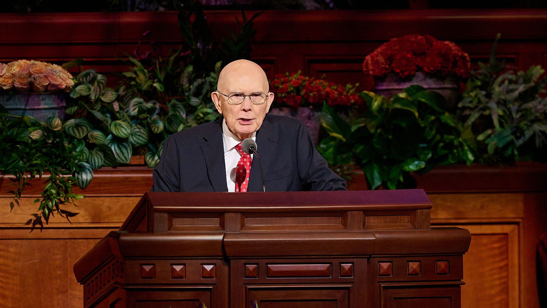 (The Church of Jesus Christ of Latter-day Saints) President Dallin H. Oaks, first counselor in the governing First Presidency, speaks at General Conference in 2023. Oaks graduated from — and later taught at — the University of Chicago Law School.