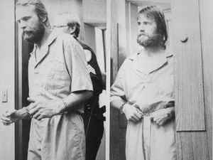 (Merilyn Newton AP, Reno Gazette-Journal 1984.) Ron Lafferty, left, and his brother, Dan, were shackled in 1984 as they appeared in Washoe District Court for an extradition hearing in Reno, Nev. The brothers were accused and later convicted in the murders of their sister-in-law and her toddler.