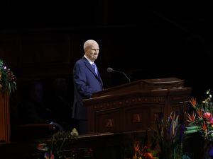 (The Church of Jesus Christ of Latter-day Saints)
President Russell M. Nelson speaks to young adults in the Conference Center on Sunday, May 15, 2022