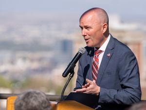 (Rick Egan | The Salt Lake Tribune)  Gov. Spencer Cox kicks off the "Guiding Our Growth" statewide survey, in partnership with Envision Utah during a news conference at Red Butte Garden, on Thursday, May 11, 2023.