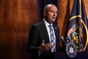 (Laura Seitz | Pool) Gov. Spencer Cox speaks during his monthly news conference at PBS Utah at the Eccles Broadcast Center in Salt Lake City on Thursday, June 16, 2022.