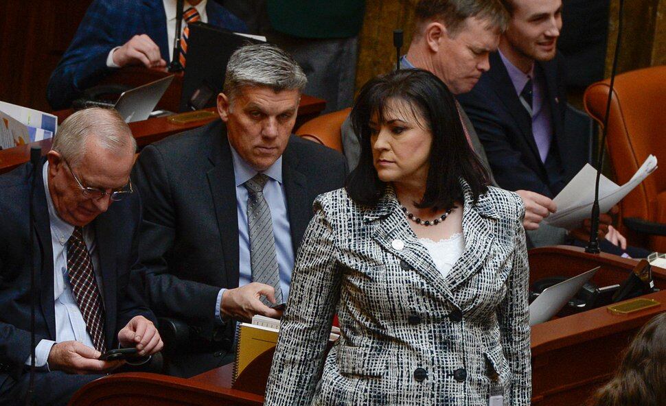 (Francisco Kjolseth | The Salt Lake Tribune) Rep. Kim Coleman, R-West Jordan, sponsor of HB93, county formation amendments, would let counties split. Rep. Phil Lyman, R-Blanding, center left, is in favor of the bill. 