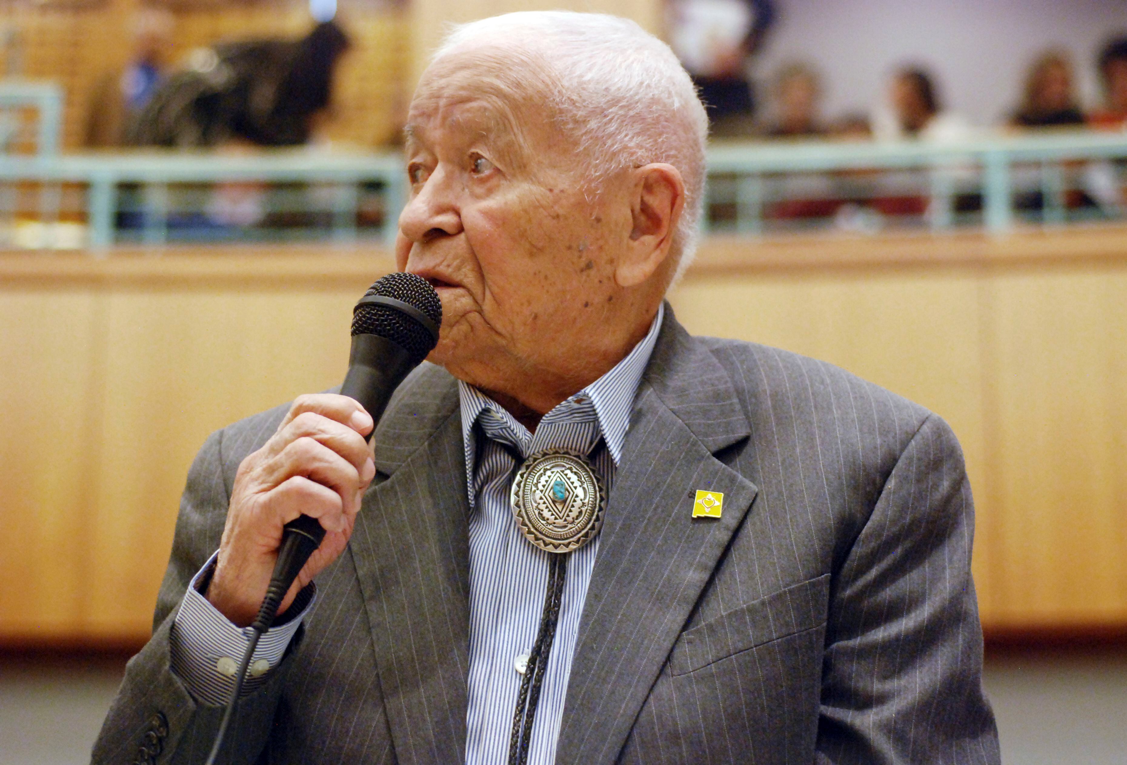(Morgan Lee | AP file photo) In this Feb. 2, 2018, fle photo Democratic New Mexico state Sen. John Pinto talks about his career as a lawmaker on American Indian Day in the Legislature on in Santa Fe, N.M. Pinto joined the Senate in 1977 and is 92 years old. He was a Marine who trained as a Navajo code talker during World War II. His singing of the "Potato Song" is an annual Senate ritual.