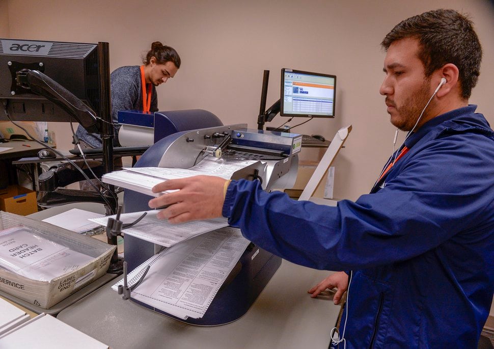 Leah Hogsten | The Salt Lake Tribune Salt Lake County elections official Franco Arellano tabulates votes from ballots, Tuesday, Nov. 13, 2018, at the Salt Lake County building. 